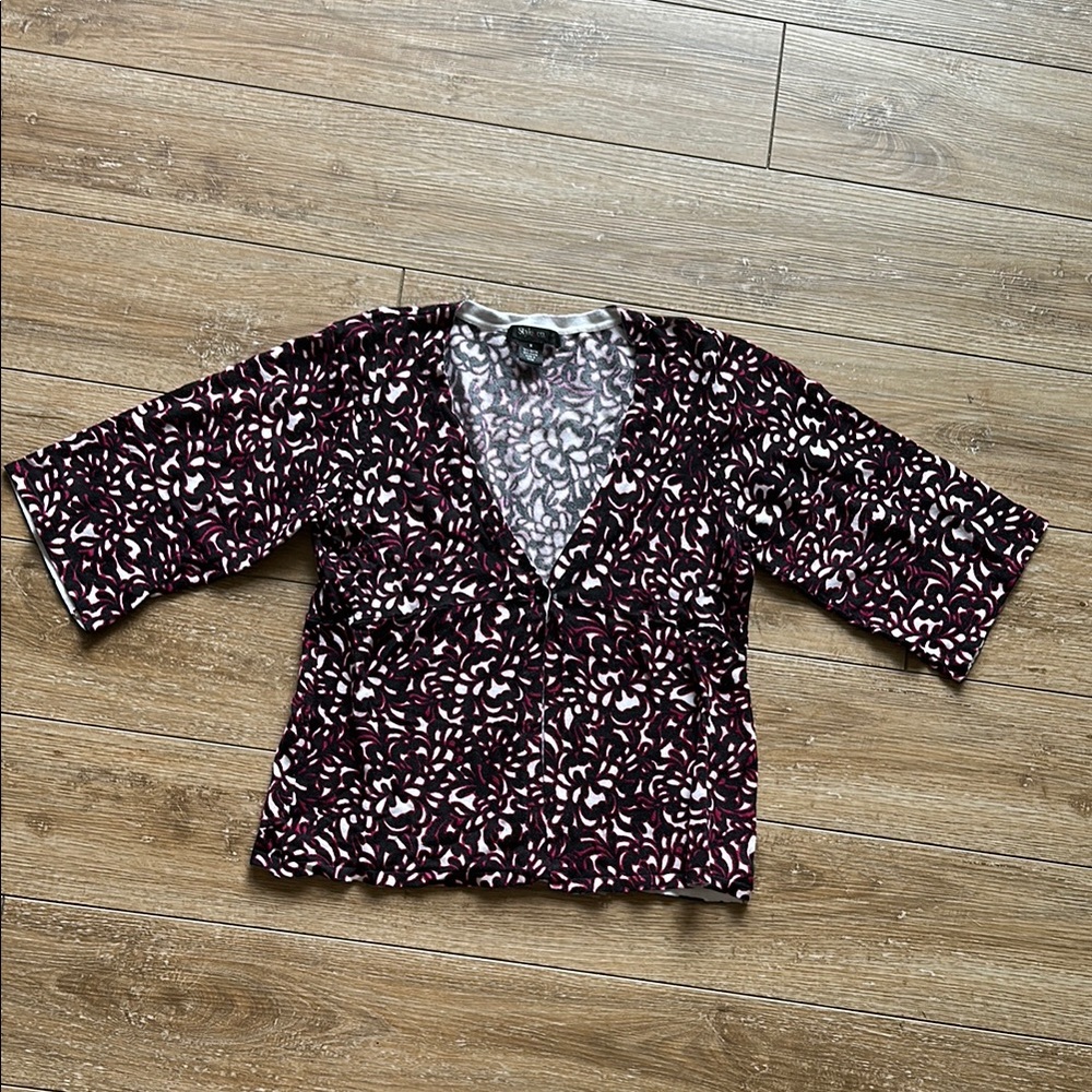 Style & Co Red, Black and White Patterned Sweater Top Fits Petite M